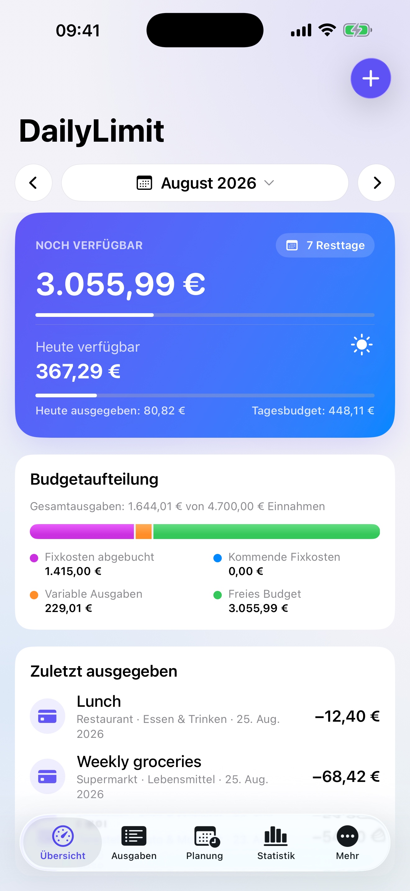 Authentische DailyLimit Übersicht mit Restbudget, Tagesbudget, Budgetaufteilung und letzten Ausgaben