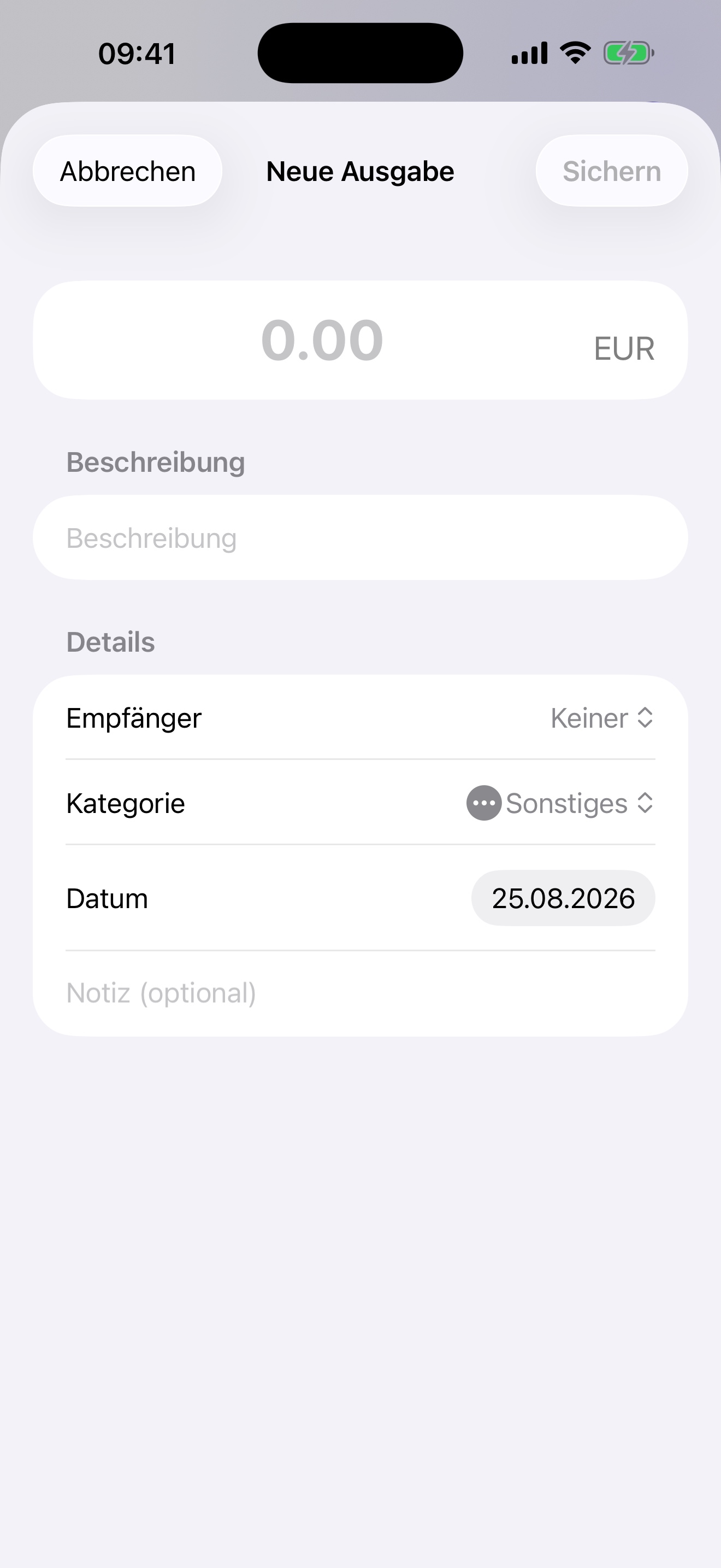 Authentisches Formular zum Erfassen einer neuen Ausgabe