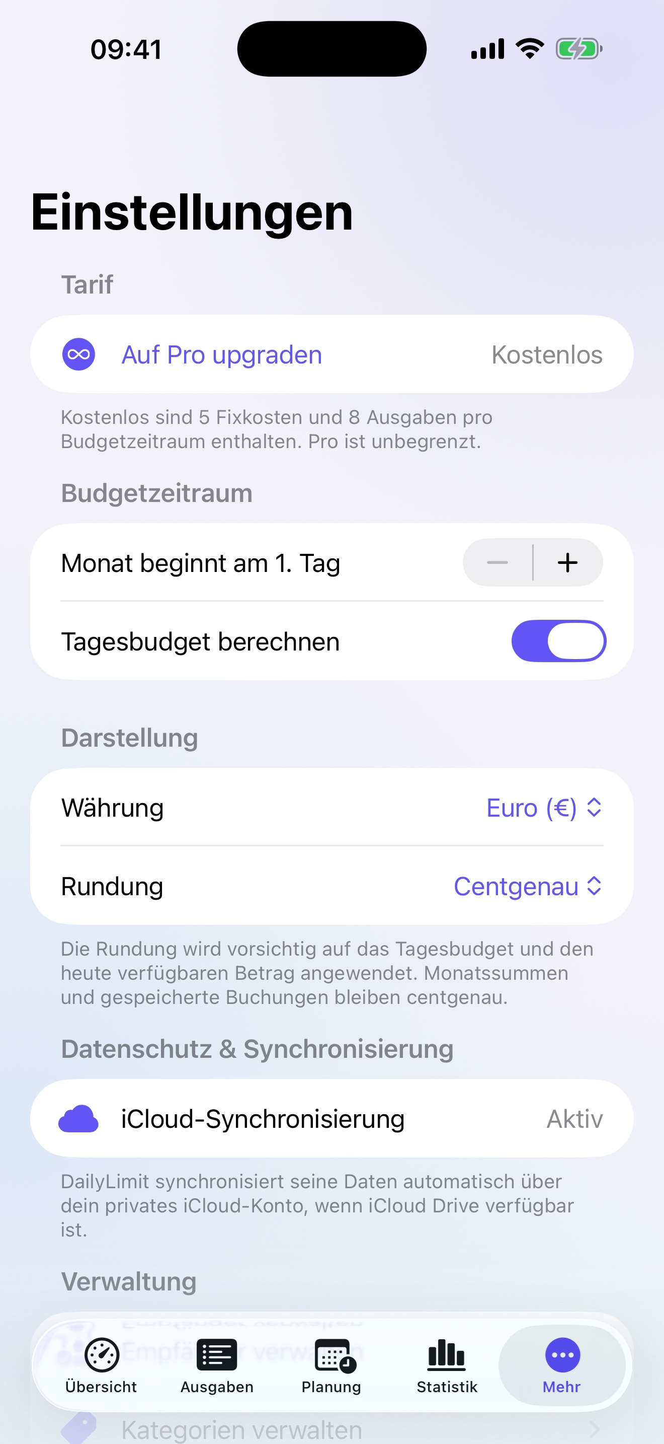 Authentische DailyLimit Einstellungen für Tarif, Budgetzeitraum, Rundung und iCloud